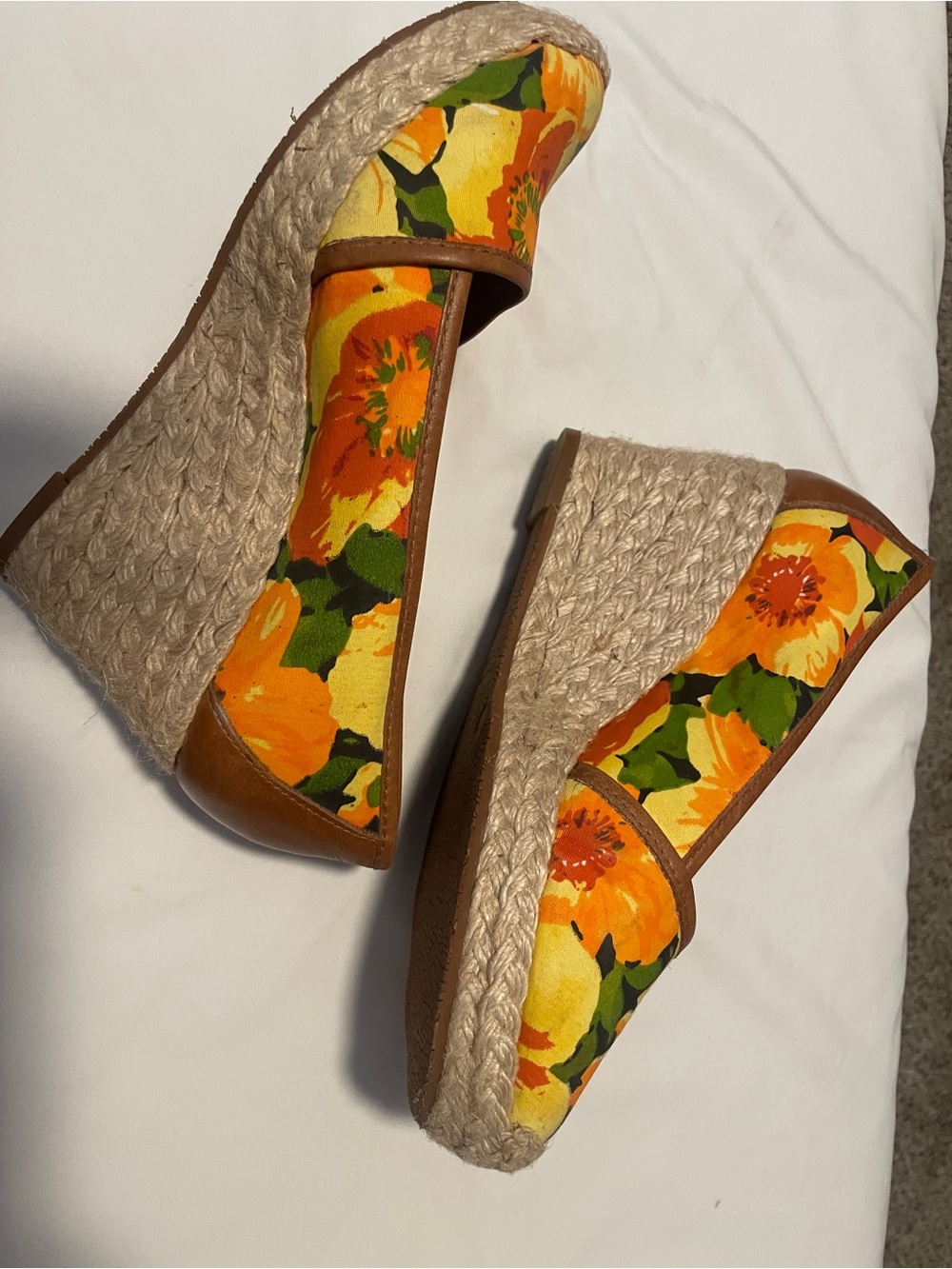 Floral Orange Espadrille Wedge Flats - Women